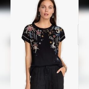 Johnny Was Black Tee with Colorful Embroidery